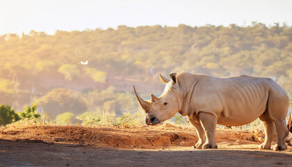 Obraz premium White Rhinoceros Standing in a Sunny and Copy Space