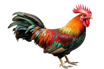 Fototapeta premium Colorful rooster standing with vibrant feathers, red comb, long tail, detailed texture, isolated on transparent background.