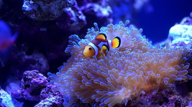 A clownfish also called an anemonefish swimming among anemone tentacles in a symbiotic relationship