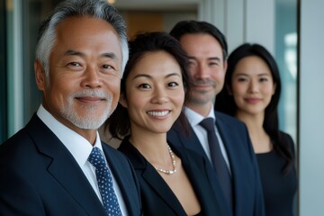 Fototapeta premium A polished group of professionals showcases their confident smiles in a modern business setting, representing teamwork and professionalism in a stylish environment.