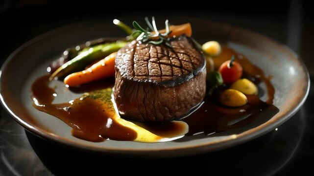 Gourmet filet mignon steak with vegetables and sauce
