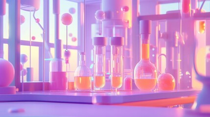 Beakers and glass bottles filled with pink liquid in pastel hues add an abstract dimension to the scientific setting of medical research and knowledge