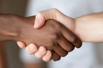 A close-up of two hands shaking, one dark and one fair, represents unity, agreement, and partnership, highlighting mutual respect and collaboration between people.