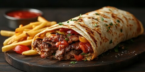 Delicious steak burrito with fresh toppings and crispy fries on a wooden plate
