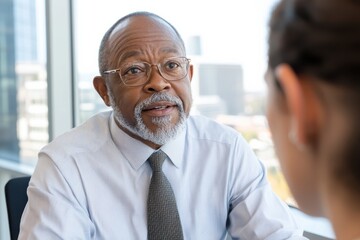 Obraz premium An older gentleman with a gray beard engages in a meaningful conversation, showcasing wisdom and experience in a bright and modern office environment.