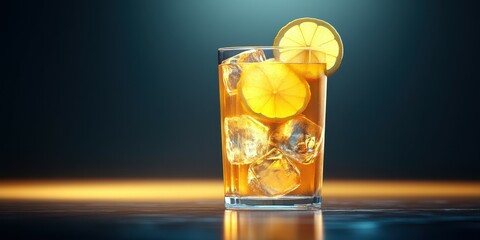 Refreshing citrus drink served in a clear glass with ice and lemon at a cozy evening gathering