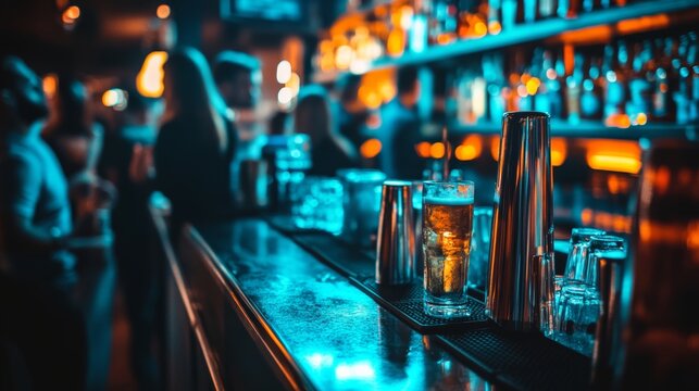 Blurred background of an evening social event with bokeh lights, people in formal attire networking near the bar, symbolizing nightlife, business gatherings, and social connections.