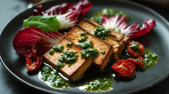 Gourmet grilled tofu with pesto and sundried tomatoes
