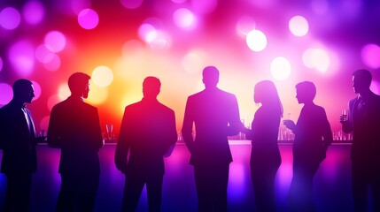 Blurred background of an evening social event with bokeh lights, people in formal attire networking near the bar, symbolizing nightlife, business gatherings, and social connections.