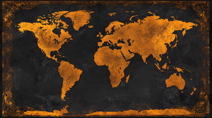 A vintage-style world map with golden continents set against a dark textured background, creating an antique aesthetic

