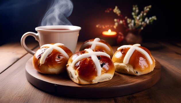 A close-up of freshly baked hot cross buns with golden-brown crusts, marked with traditional white icing crosses, accompanied by a steaming cup of tea. A cozy and inviting Easter tradition.