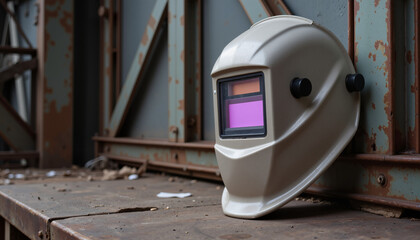 Minimalist welding mask resting on steel beam, industrial vibe