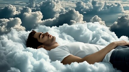 A contemplative young man lying on fluffy clouds, exuding a sense of calm and peace, creating an otherworldly scene that invites relaxation and introspection.