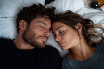 Obraz premium In this serene image, a couple lies asleep side by side, embodying tranquility and comfort, showcasing the beauty of trust in their peaceful togetherness.