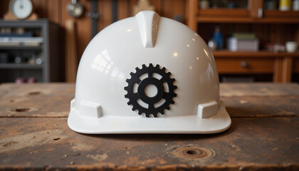 Minimalist helmet with gear symbol on workbench, honoring workers