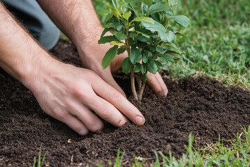 Hands Planting a Young Tree Sapling in Fertile Soil with Sunlight