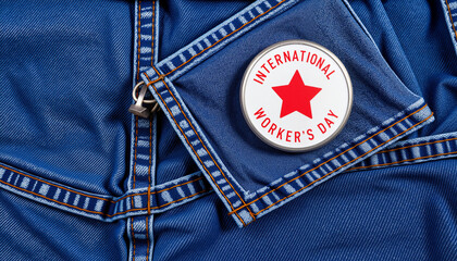 Symbolic worker's badge on denim fabric, pride on International Workers' Day