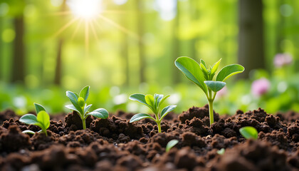 Growing seedlings in fertile soil with a bright background