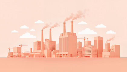 Obraz premium Geometric factory building with smoke against pastel sky, industrial symbolism