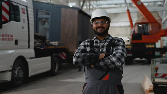 Indian construction worker at modular home factory site