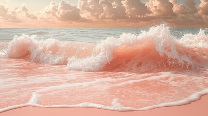 Fototapeta premium Pink Beach Waves at Sunrise. Peaceful Ocean Scene. Possible Stock Photo Use