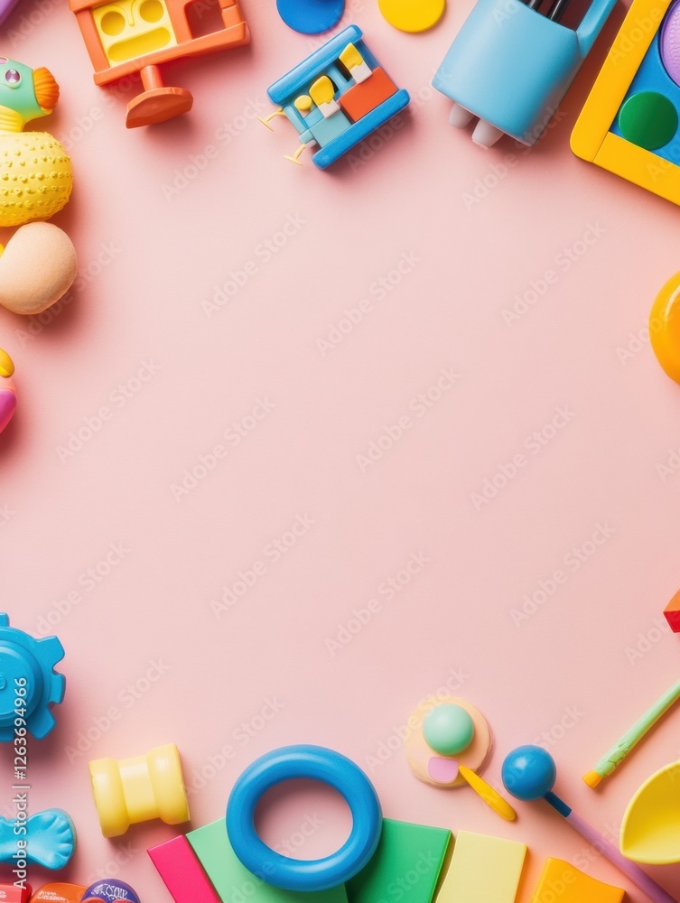 Poster brightly colored toys arranged playfully on a pastel surface creating a cheerful atmosphere for crea