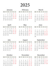 2025 Yearly Calendar Vector Vertical, Monday Start, Clean Design, Printable Template