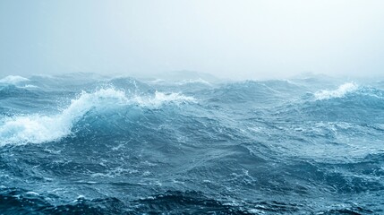 Naklejka premium Rough sea, stormy ocean, waves crashing, misty background, weather