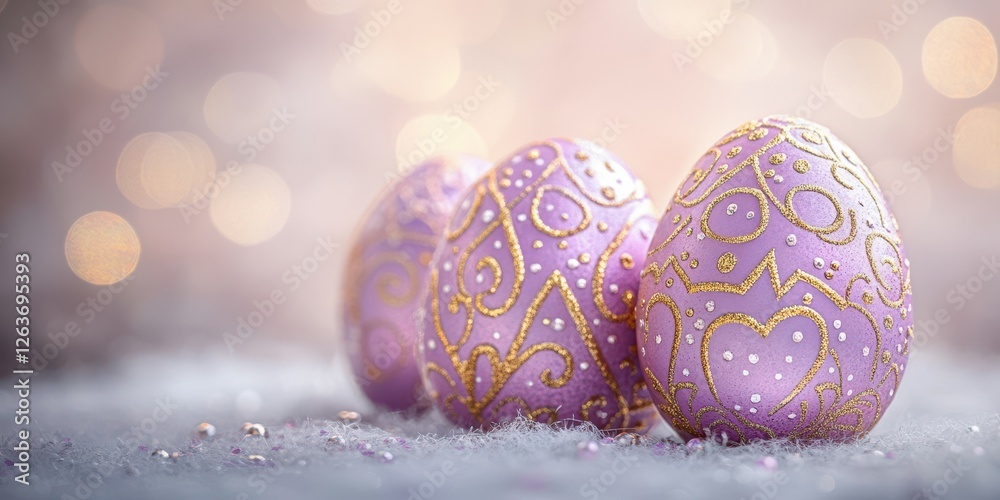 Wall mural elegant decorated purple easter eggs arranged in a captivating display illuminated by soft bokeh lig