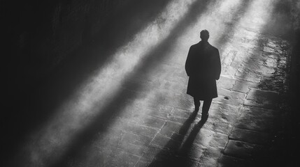 Silhouette of a man walking alone on a foggy street, illuminated by streaks of light.