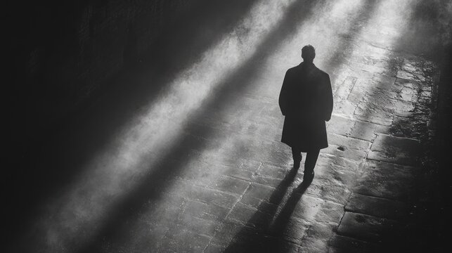 Fototapeta Silhouette of a man walking alone on a foggy street, illuminated by streaks of light.