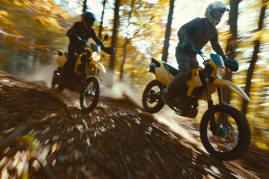 Two motorcyclists riding in dense forest path. Neural network AI generated