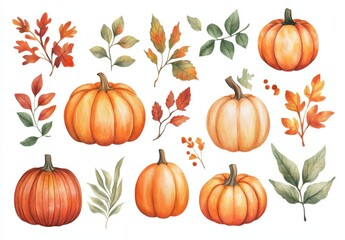 Autumn Leaves and Pumpkins on White Background