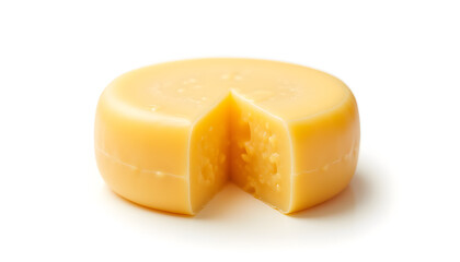 Yellow cheese wheel with a slice cut out on white background
