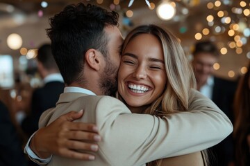 Fototapeta premium A happy couple shares a warm embrace amidst a festive atmosphere, reflecting genuine joy and connection during a special celebration event filled with excitement and love.