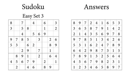 Sudoku Puzzle 9x9 Set 3 Very Easy with Answers, Fun Brain-Training Game for Kids, Teens and Adults, Vector	