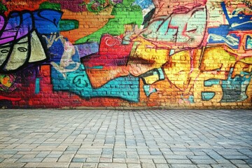 Obraz premium Vibrant urban street art with cobbled alleyway. Neural network AI generated