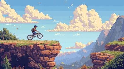 A detailed pixel art scene of a mountain biker riding on a cliff edge surrounded by dramatic clouds and rugged terrain, evoking adventure and exploration. AI generated.
