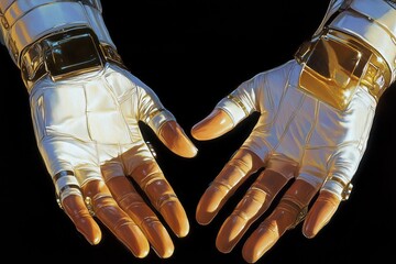 Retro futuristic white and gold gloves hands isolated on black background