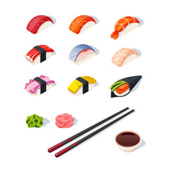 Naklejka premium Sushi 1 set rolls, isolated on white background. Modern flat style vector illustration