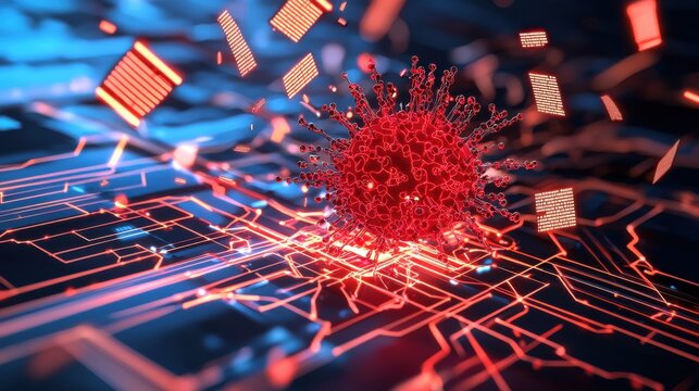 A destructive red digital virus spreading through a complex cyber network, glowing error codes and fragmented data flying apart, symbolizing malware