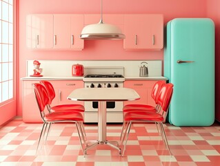 Kitchen with empty table in retro futuristic style