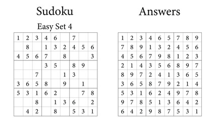 Sudoku Puzzle 9x9 Set 4 Very Easy with Answers, Fun Brain-Training Game for Kids, Teens and Adults, Vector	