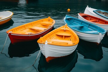 Obraz premium a group of colorful wooden fishing boats floating on calm water, reflecting vibrant hues of red, blue, yellow, and white