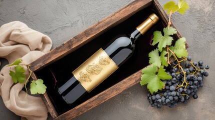 A luxurious vintage wine bottle with a gold embossed label, elegantly placed in an aged wooden case, soft velvet fabric and fresh grapevines enhancing