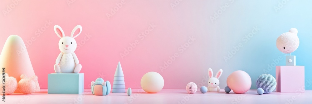 Aufkleber soft pastel toys arranged on a colorful backdrop for playful decor in a serene setting. generative a