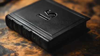 A black leather bound book with the number 15 on the front