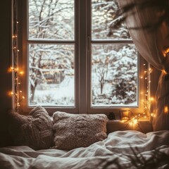 Cozy winter scene with soft pillows and warm lights by a snowy window at dusk. Generative AI