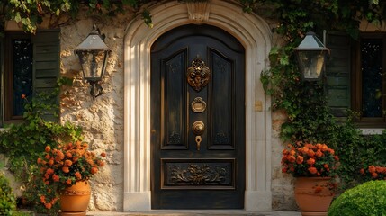 Fototapeta premium A large black door with a gold lion's head knocker