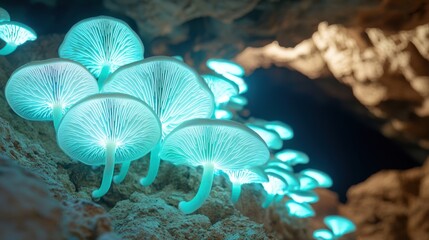 Close up of a deep cavern illuminated by bioluminescent mushrooms, glowing soft blue green, hidden magic underground